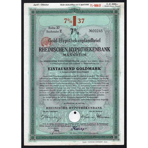 Gold-Hypothekenpfandbrief der Rheinischen Hypothekenbank Mannheim Stock Certificate