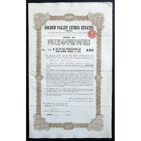 Golden Valley Citrus Estates, Limited South Africa 1924 Natal Bond Certificate