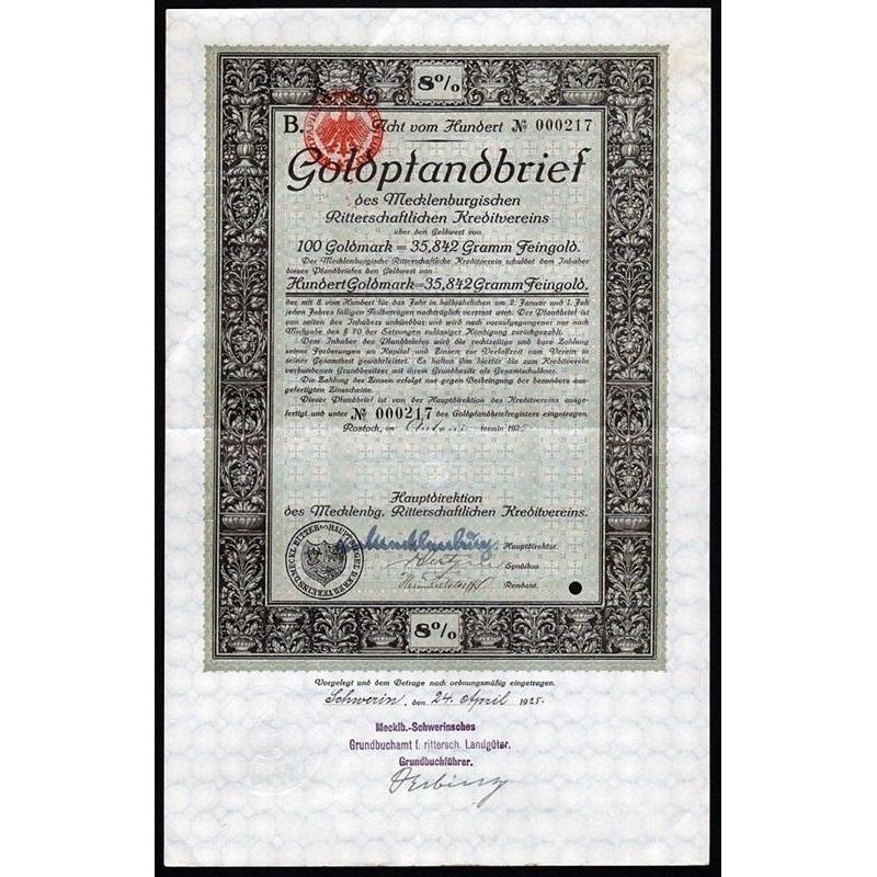Goldpfandbrief des Mecklenburgischen Ritterlichen Kreditvereins Stock Certificate