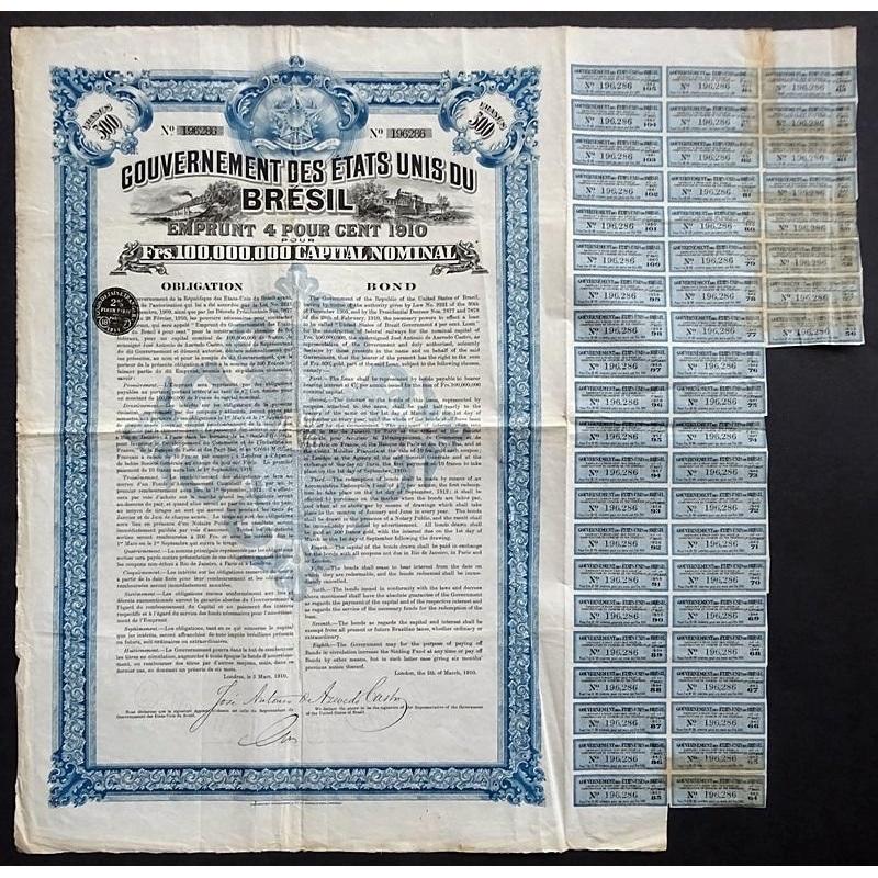 Gouvernement des Etats-Unis du Bresil, Emprunt 4 Pour Cent 1910 Stock Certificate