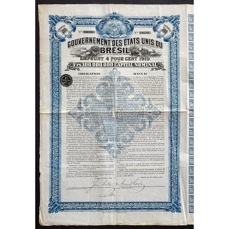 Gouvernement des Etats-Unis du Bresil, Emprunt 4 Pour Cent 1910 Stock Certificate