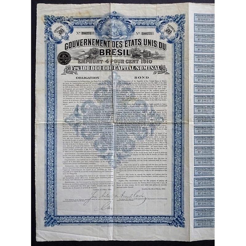 Gouvernement des Etats-Unis du Bresil 1910 Brazil Bond Certificate