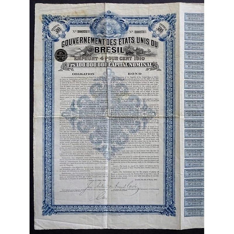 Gouvernement des Etats-Unis du Bresil 1910 Brazil Bond Certificate