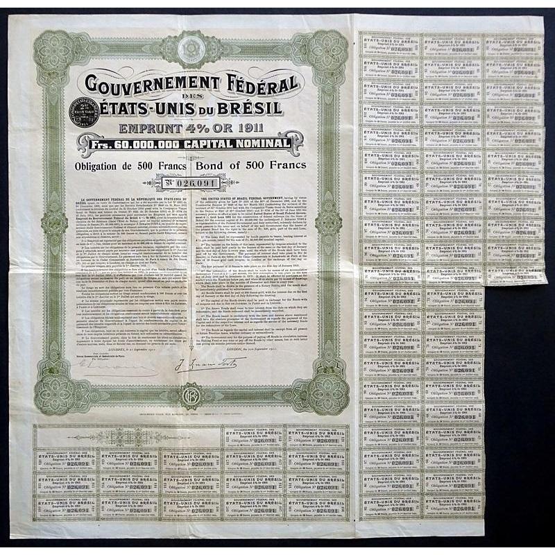 Gouvernement Federal des Etats-Unis du Bresil: Emprunt 4% Or 1911 Brazil Stock Bond Certificate