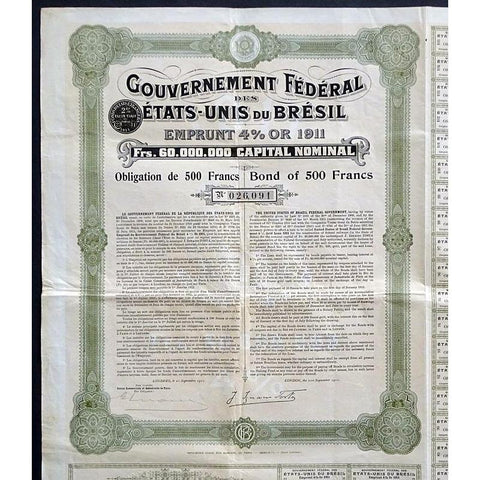 Gouvernement Federal des Etats-Unis du Bresil: Emprunt 4% Or 1911 Brazil Stock Bond Certificate