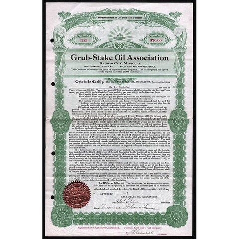 Grub-Stake Oil Association (Kansas City, Missouri) 1917 Stock Certificate