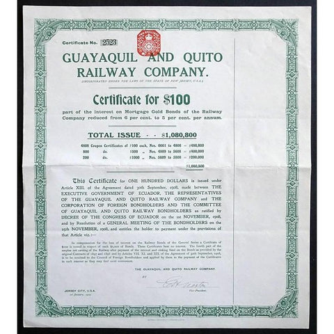 Guayaquil and Quito Railway Company Stock Certificate