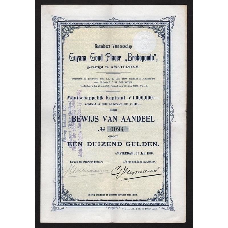 Guyana Goud Placer "Brokopondo" Stock Certificate