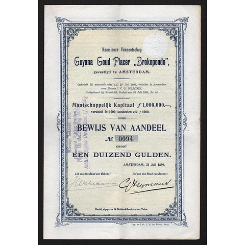 Guyana Goud Placer "Brokopondo" Stock Certificate
