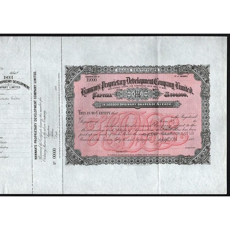 Hannan's Proprietary Development Company Limited (Specimen) Stock Certificate