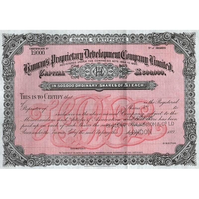 Hannan's Proprietary Development Company Limited (Specimen) Stock Certificate