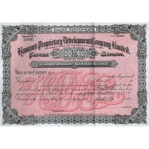 Hannan's Proprietary Development Company Limited (Specimen) Stock Certificate