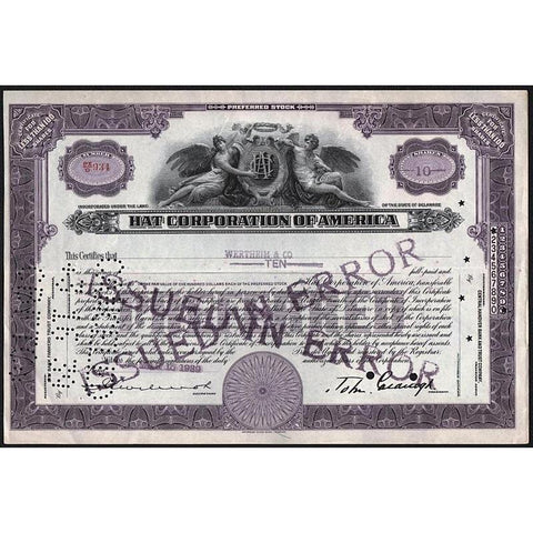 Hat Corporation of America Stock Certificate