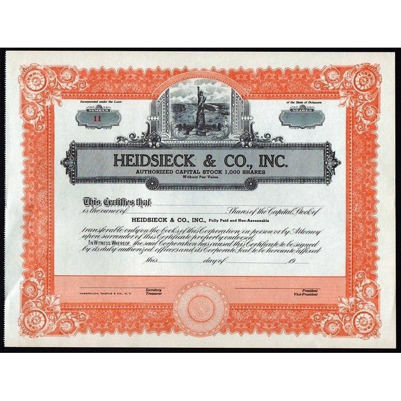 Heidsieck & Co., Inc. Stock Certificate