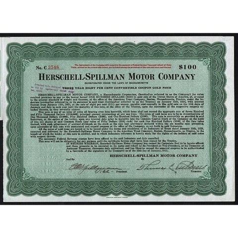 Herschell-Spillman Motor Company Stock Certificate