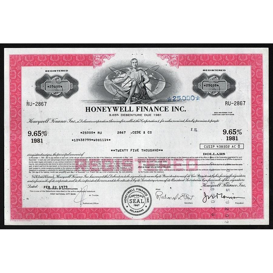 Honeywell Finance Inc., $25,000 Debenture Stock Certificate