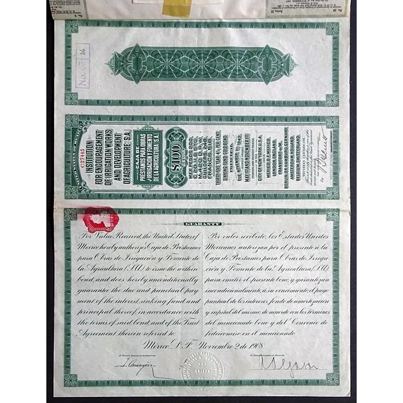 Institution for Encouragement of Irrigation Works and Development of Agriculture Stock Certificate