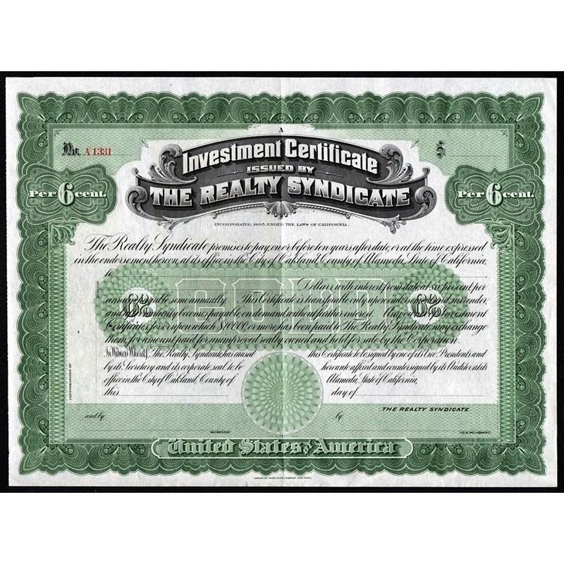 Investment Certificate issued by The Realty Syndicate Stock Certificate