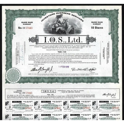 Investors Overseas Services, I.O.S., Ltd. Stock Certificate