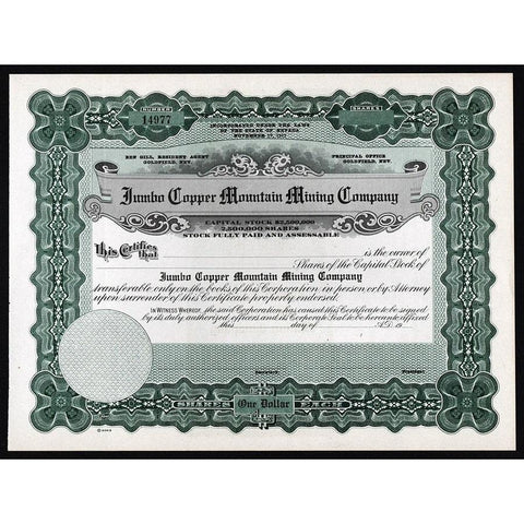 Jumbo Copper Mountain Mining Company Stock Certificate