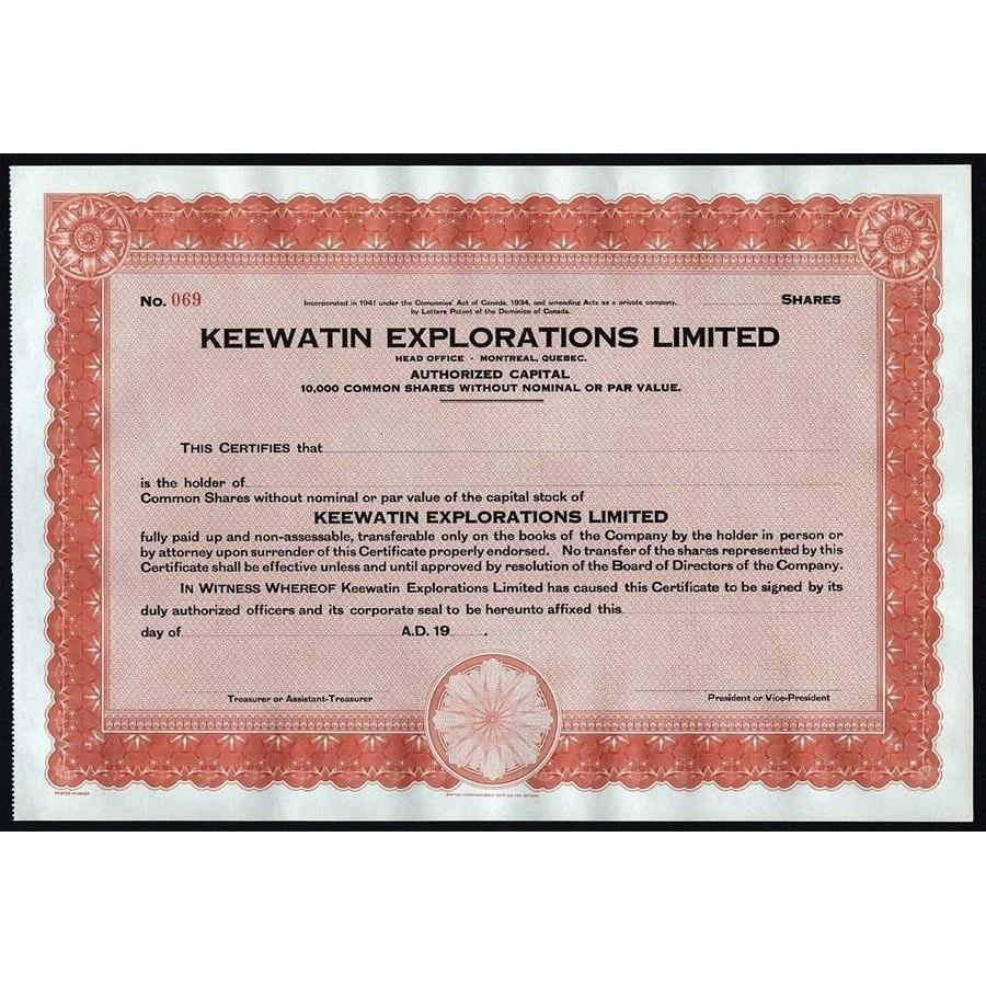Keewatin Explorations Limited Stock Certificate