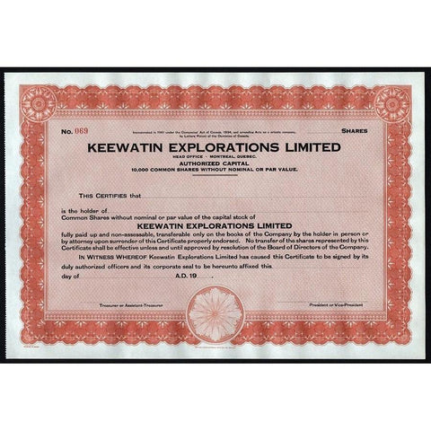 Keewatin Explorations Limited Stock Certificate