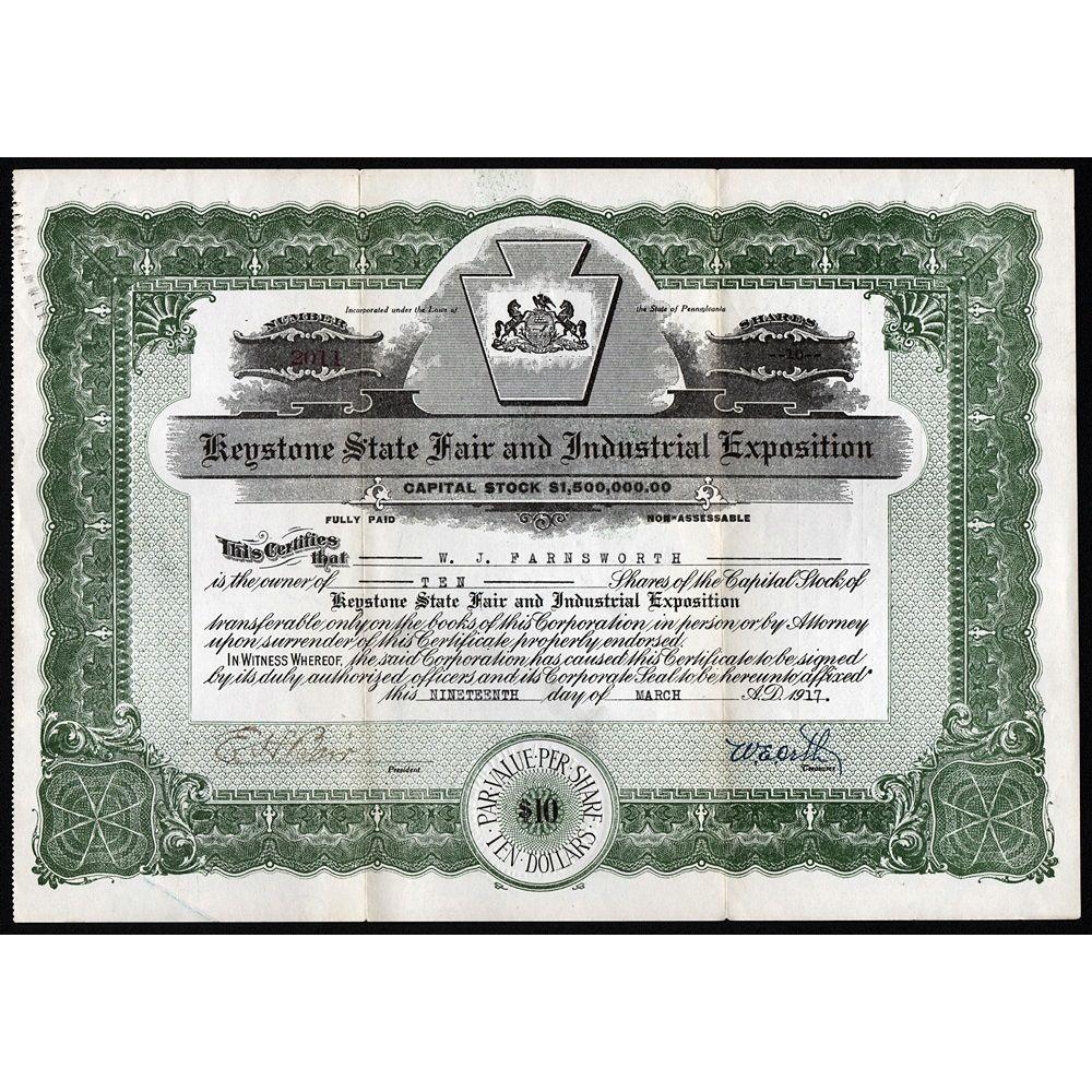Keystone State Fair and Industrial Exhibition Stock Certificate