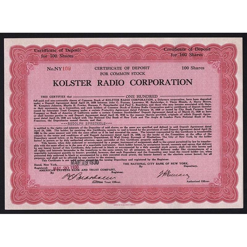Kolster Radio Corporation Stock Certificate