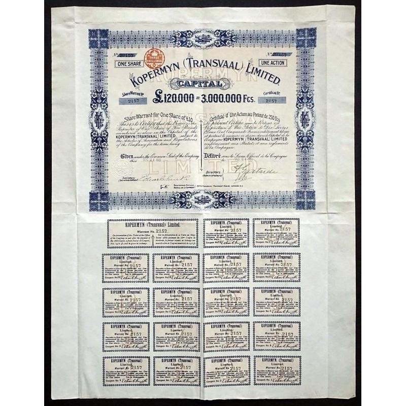 Kopermyn (Transvaal) Limited Stock Certificate