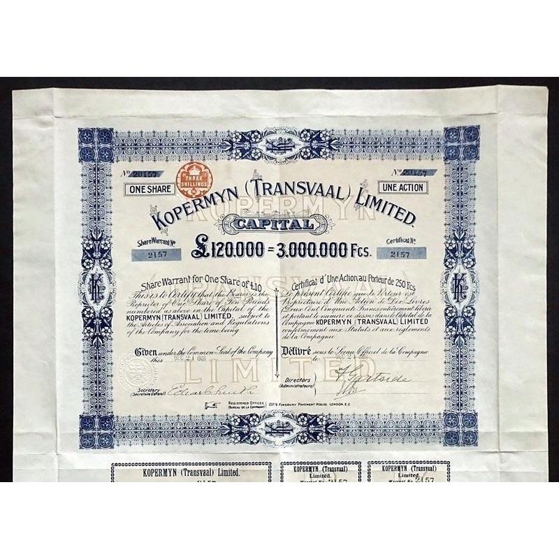 Kopermyn (Transvaal) Limited Stock Certificate