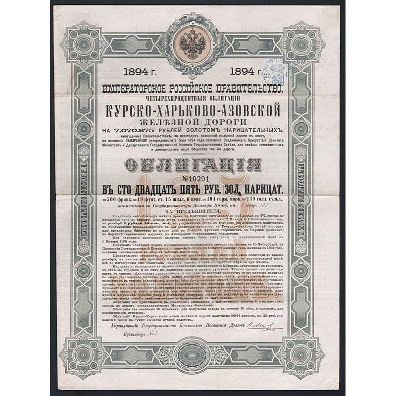 Kursk - Charkow - Azow Railroad Stock Certificate