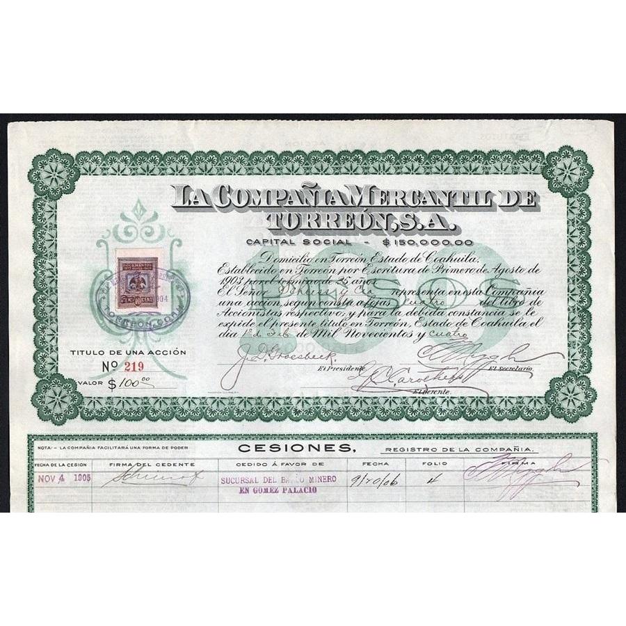 La Compania Mercantil De Torreon, S.A. Stock Certificate