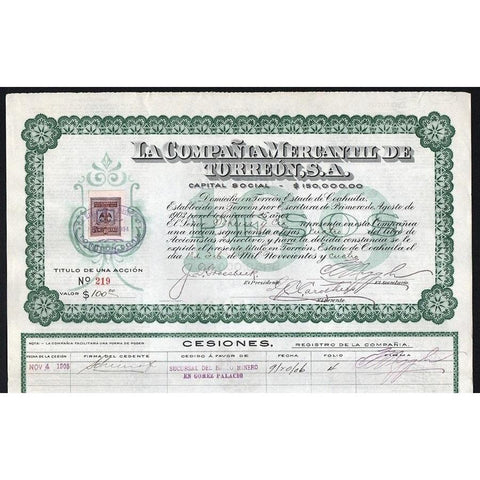 La Compania Mercantil De Torreon, S.A. Stock Certificate