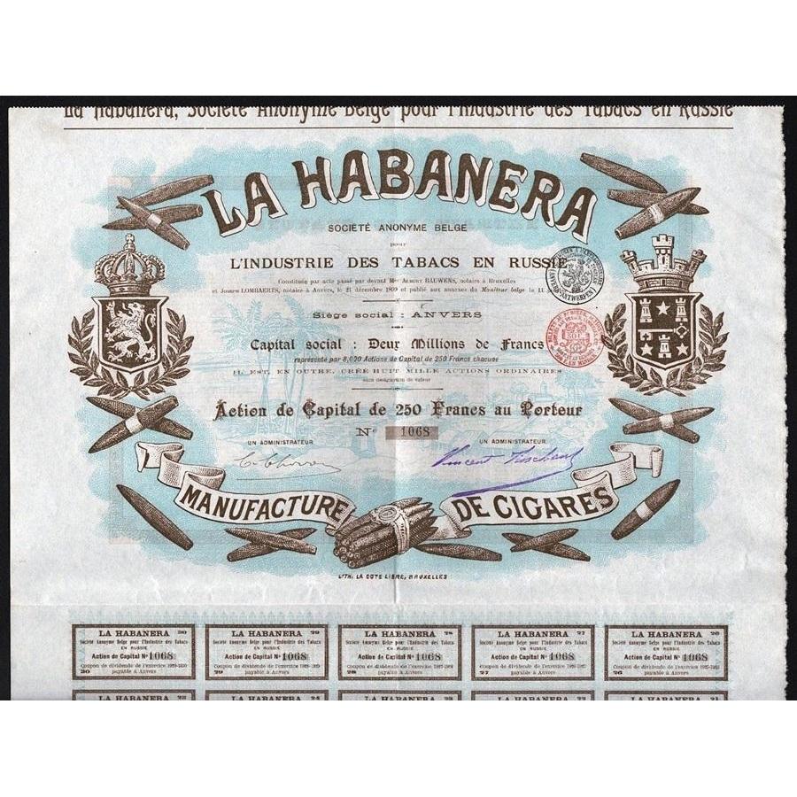 La Habanera, Societe Anonyme Belge pour l'Industrie des Tabacs en Russie Stock Certificate