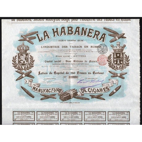 La Habanera, Societe Anonyme Belge pour l'Industrie des Tabacs en Russie Stock Certificate
