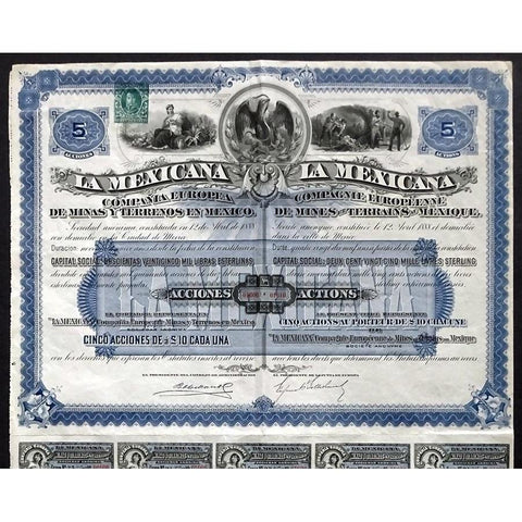 La Mexicana Compania Europea de Minas y Terrenos en Mexico Stock Certificate
