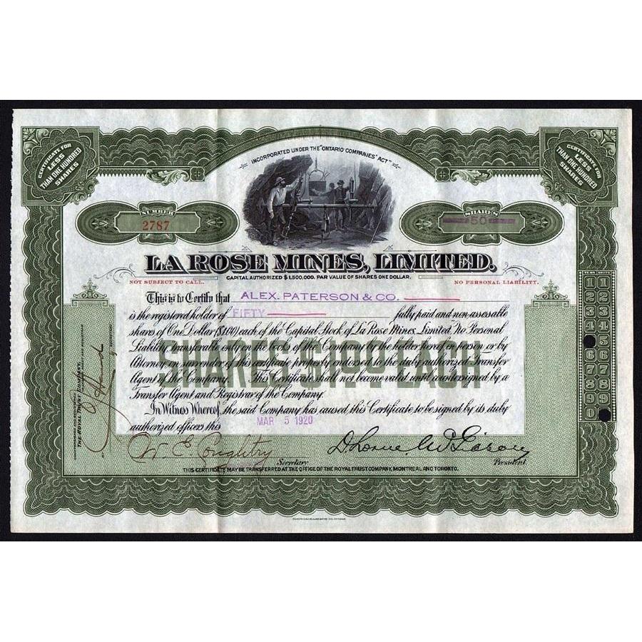 La Rose Mines, Limited Ontario Canada Stock Certificate