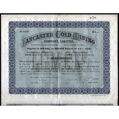 Lancaster Gold Mining Company (Johannesburg, Witwatersrand, South African Republic) Stock Certificate
