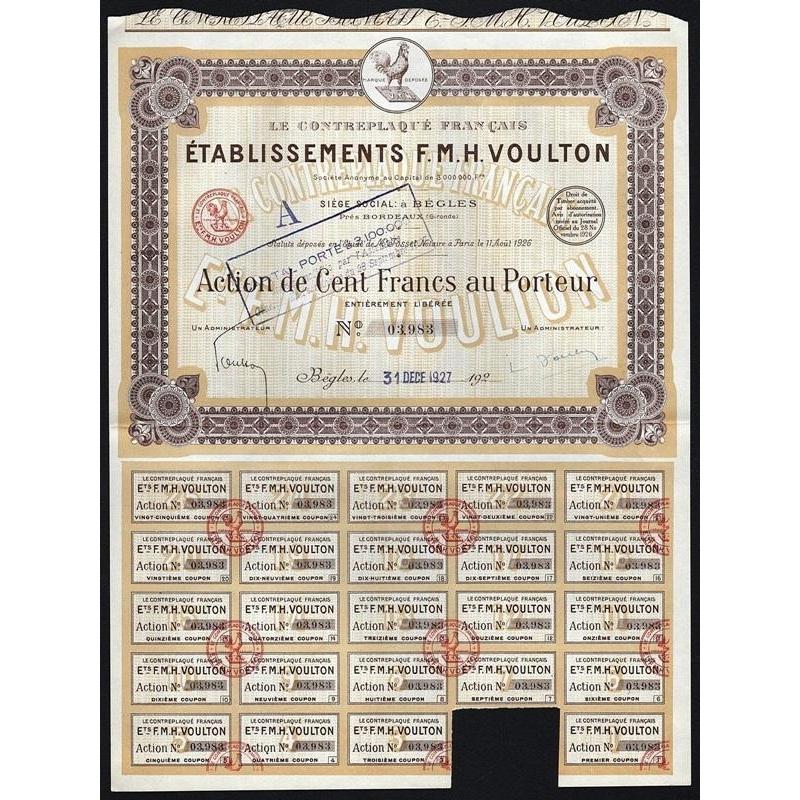 Le Contreplaque Francais Etablissements F.M.H. Voulton Stock Certificate