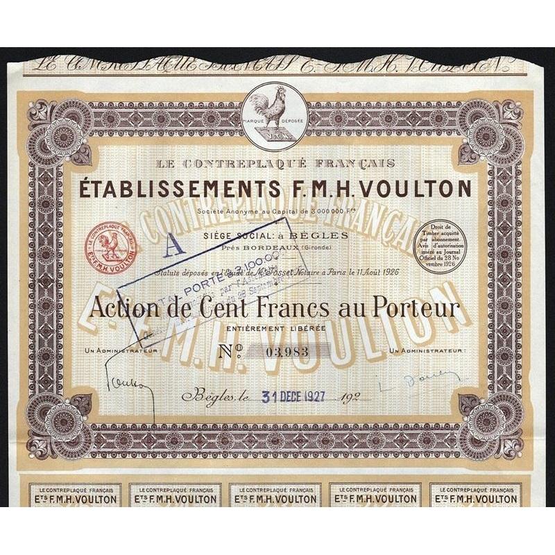 Le Contreplaque Francais Etablissements F.M.H. Voulton Stock Certificate