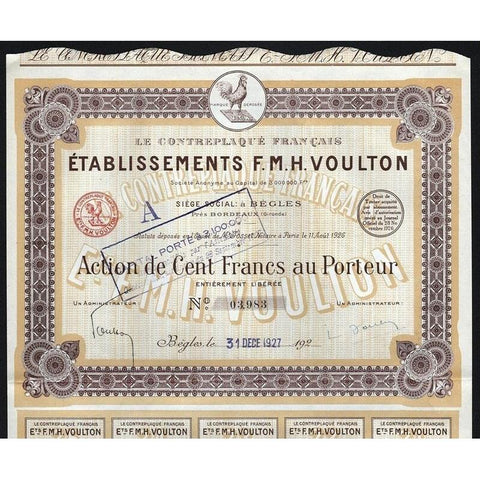 Le Contreplaque Francais Etablissements F.M.H. Voulton Stock Certificate