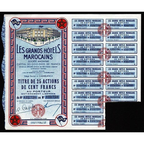 Les Grands Hotels Marocains Societe Anonyme Stock Certificate