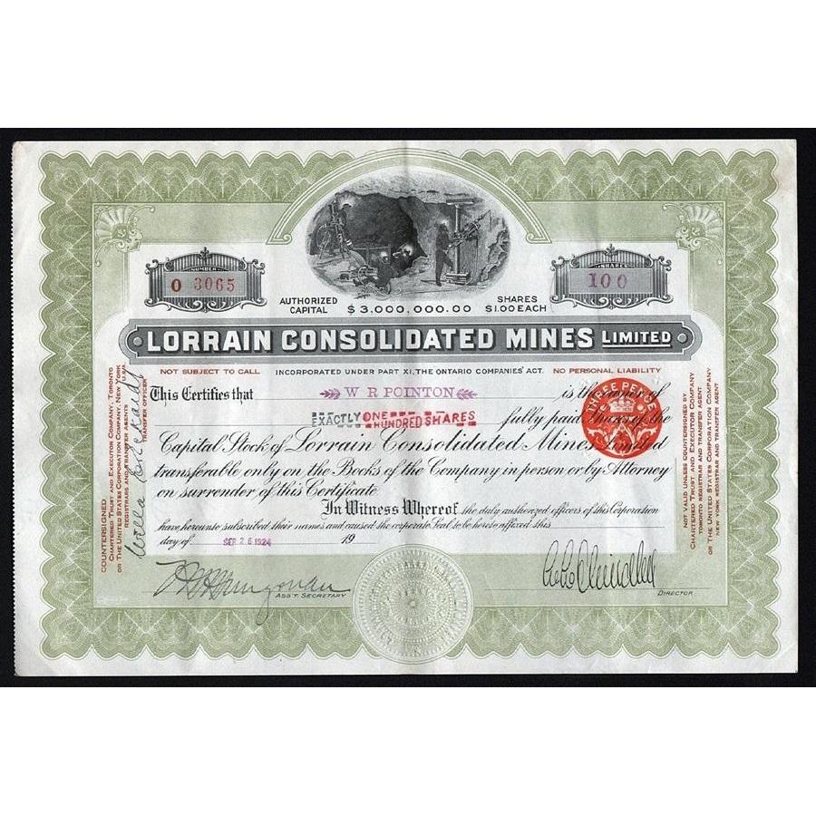 Lorrain Consolidated Mines, Limited Stock Certificate