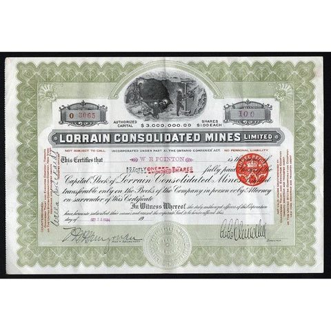 Lorrain Consolidated Mines, Limited Stock Certificate