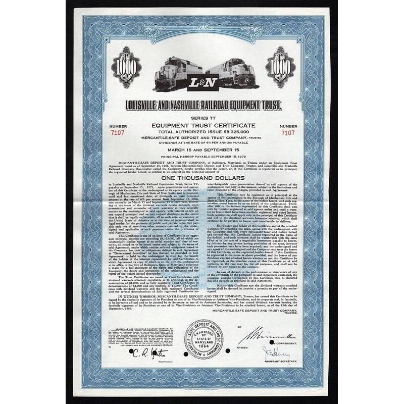 Louisville and Nashville Railroad Equipment Trust Stock Certificate