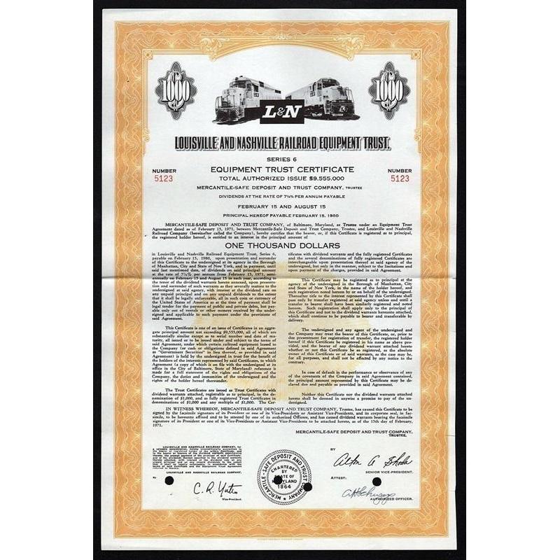 Louisville and Nashville Railroad Equipment Trust Stock Certificate