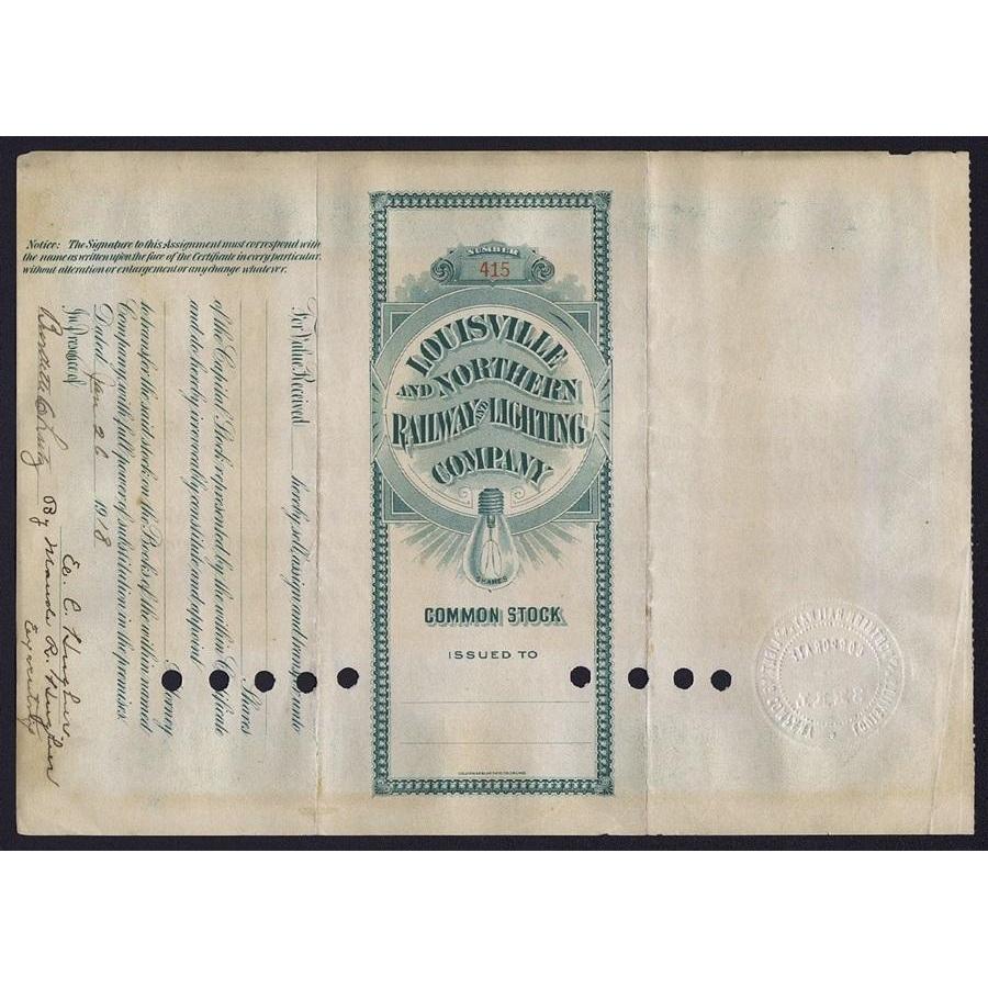 Louisville and Northern Railway and Lighting Company (Samuel Insull) Stock Certificate
