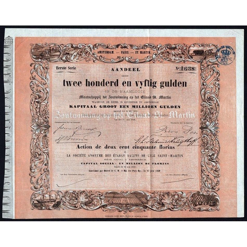 Maatschappij tot Zoutwinning op het Eiland St. Martin / La Societe Anonyme des Etangs Salins de l'Ile Saint-Martin Stock Certificate