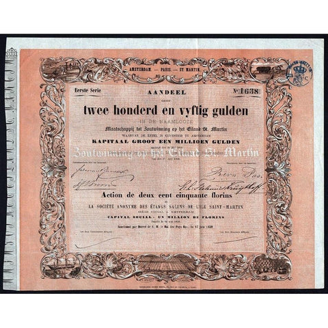 Maatschappij tot Zoutwinning op het Eiland St. Martin / La Societe Anonyme des Etangs Salins de l'Ile Saint-Martin Stock Certificate