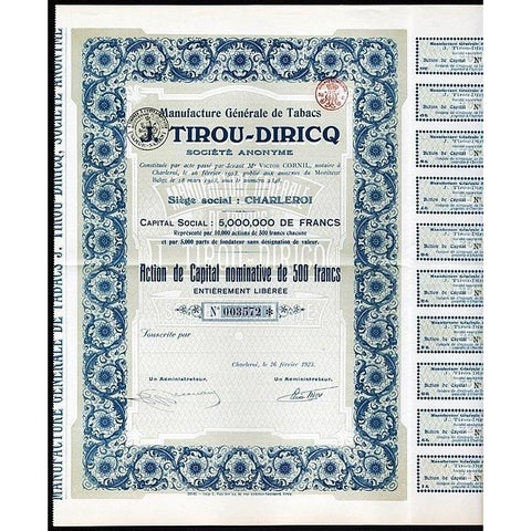 Manufacture Generale de Tabacs Tirou-Diricq S.A. Stock Certificate